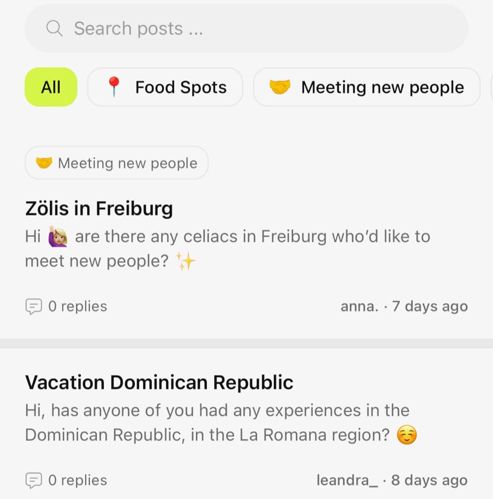 FoodQuest community feed with posts asking for travel tips and local meetups