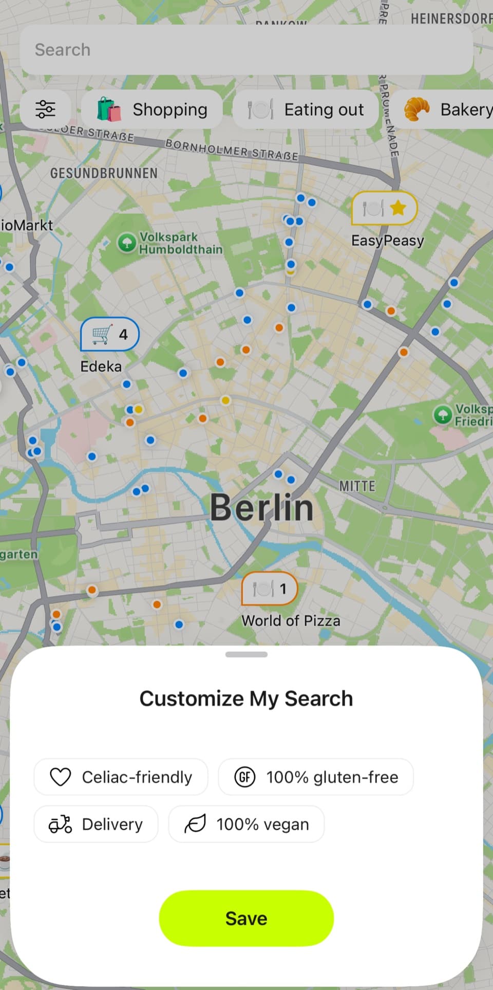FoodQuest map of Berlin with search filters for celiac-friendly and 100% gluten-free places