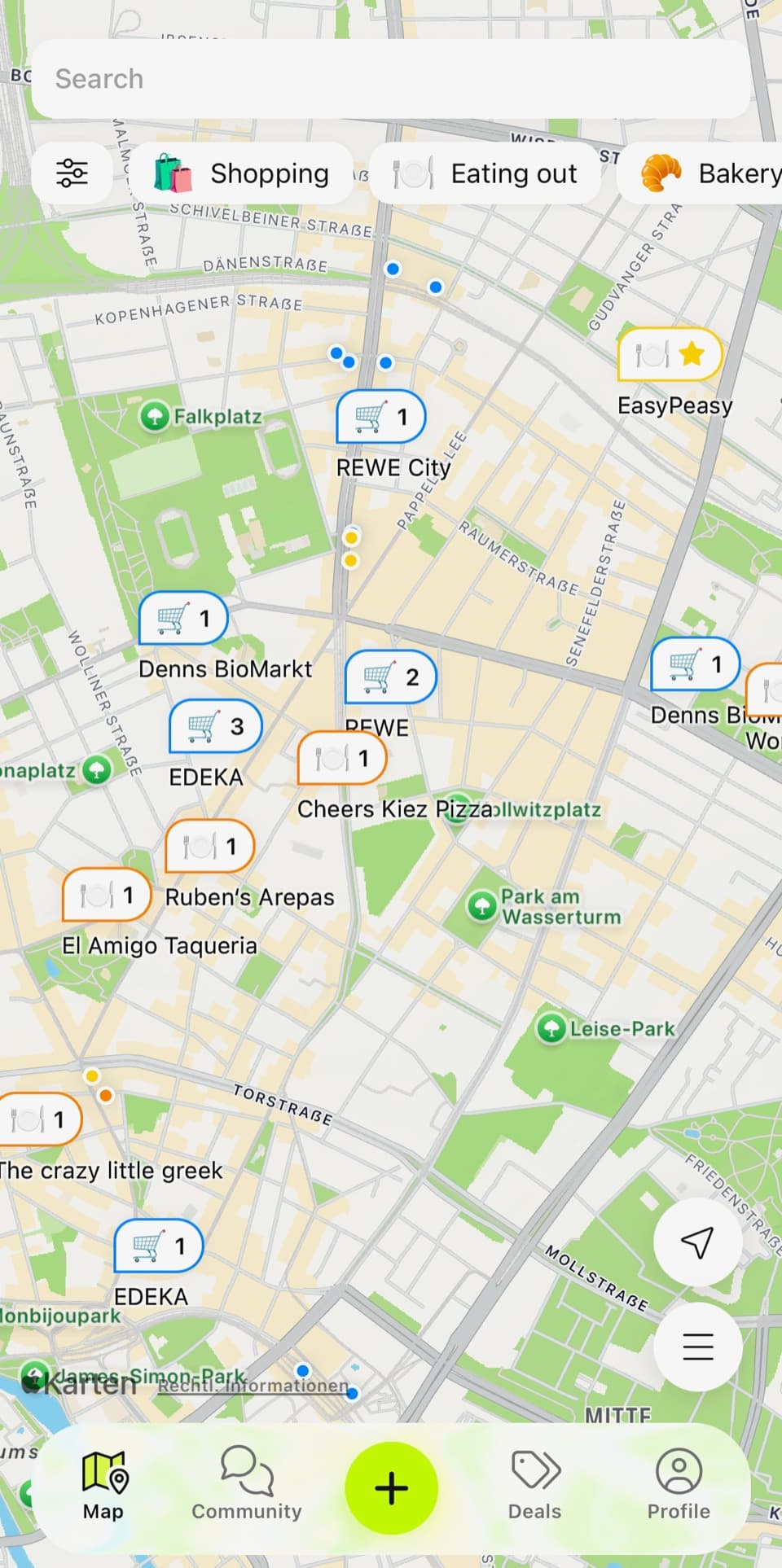 FoodQuest map showing gluten-free bakeries, cafés and supermarkets nearby